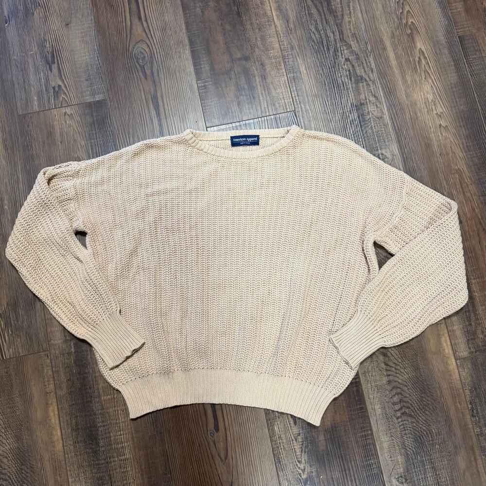 American Apparel Womens Small Chunky Knit Sweater Beige 100% Cotton Crewneck